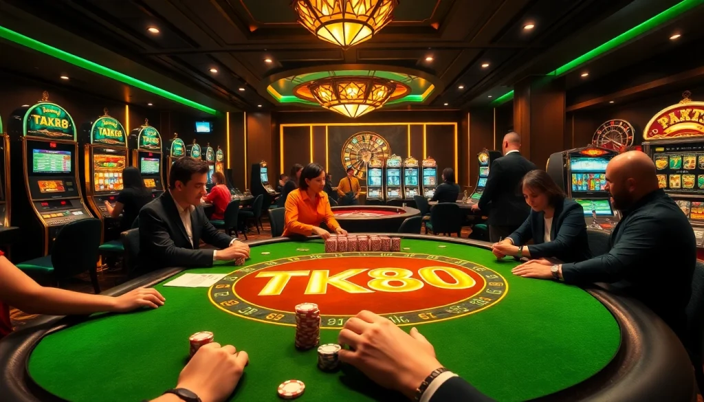 Players enjoying exciting games at a luxurious TK88 casino table amidst vibrant slot machines.