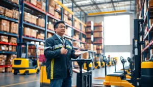 Logistics team efficiently coordinating goods movement in a bright warehouse.