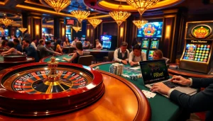 Engaged gamblers enjoying a vibrant F8bet casino scene with roulette and poker games.
