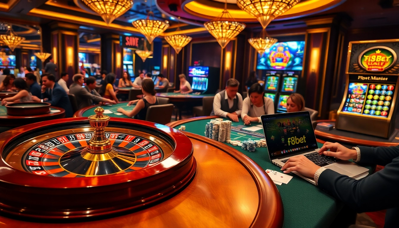 Engaged gamblers enjoying a vibrant F8bet casino scene with roulette and poker games.