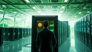 Visual representation of dogecoin cloud mining earnings in a high-tech renewable energy data center.