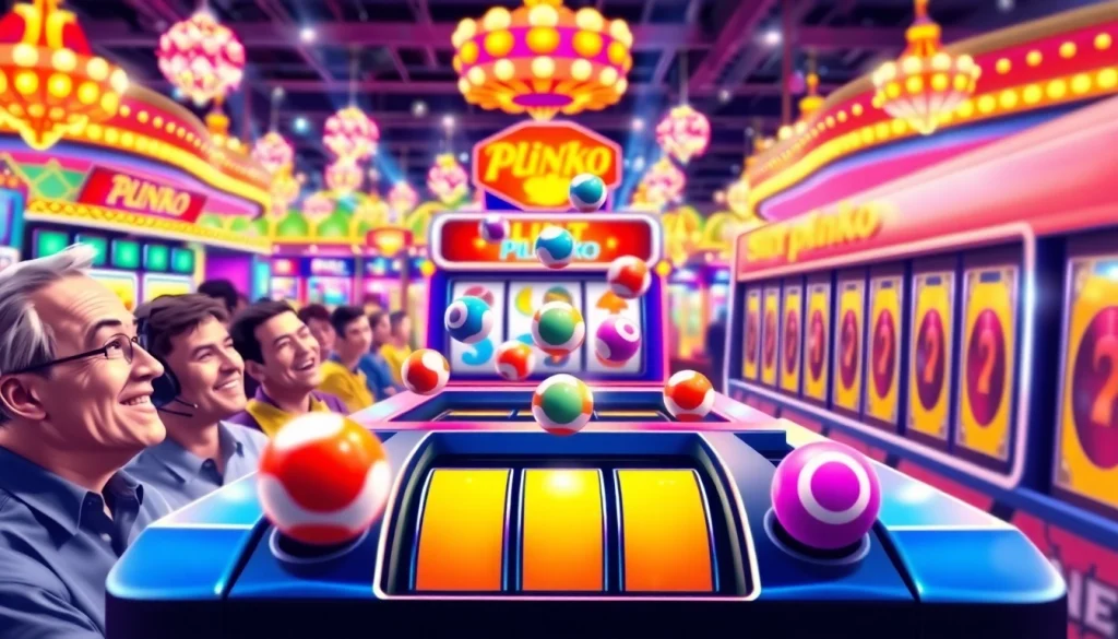 Menggambarkan permainan slot plinko yang penuh warna dan mengasyikkan dengan pemain yang bersemangat.