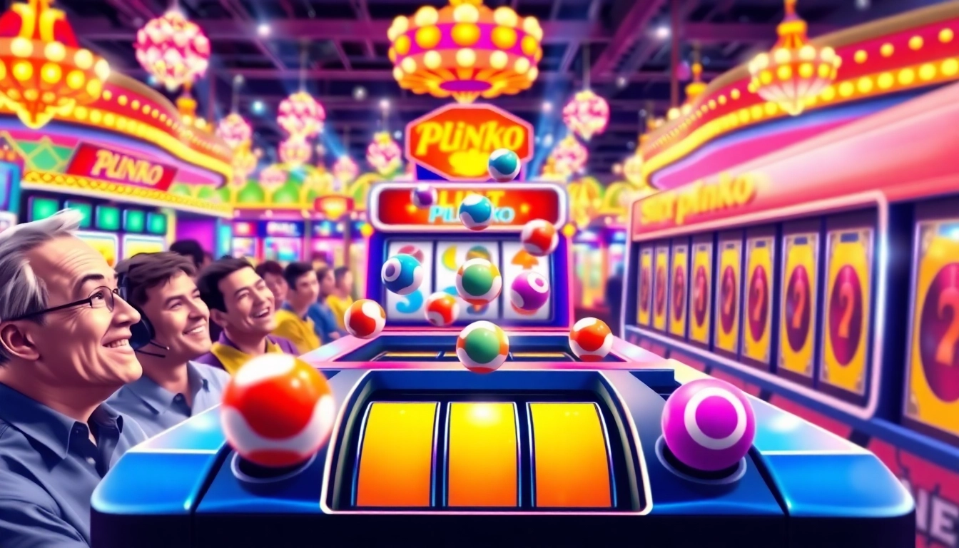 Menggambarkan permainan slot plinko yang penuh warna dan mengasyikkan dengan pemain yang bersemangat.