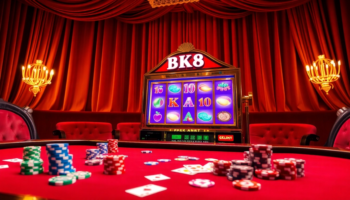Engage in a thrilling BK8 casino experience with vibrant slot machines and poker excitement.