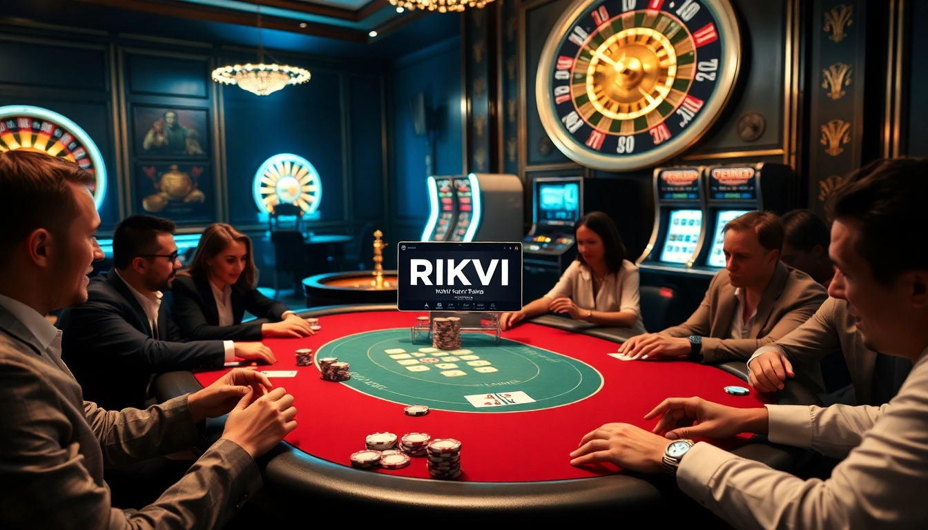 Experience the thrill of RIKVIP poker with players in action at a luxurious casino table.