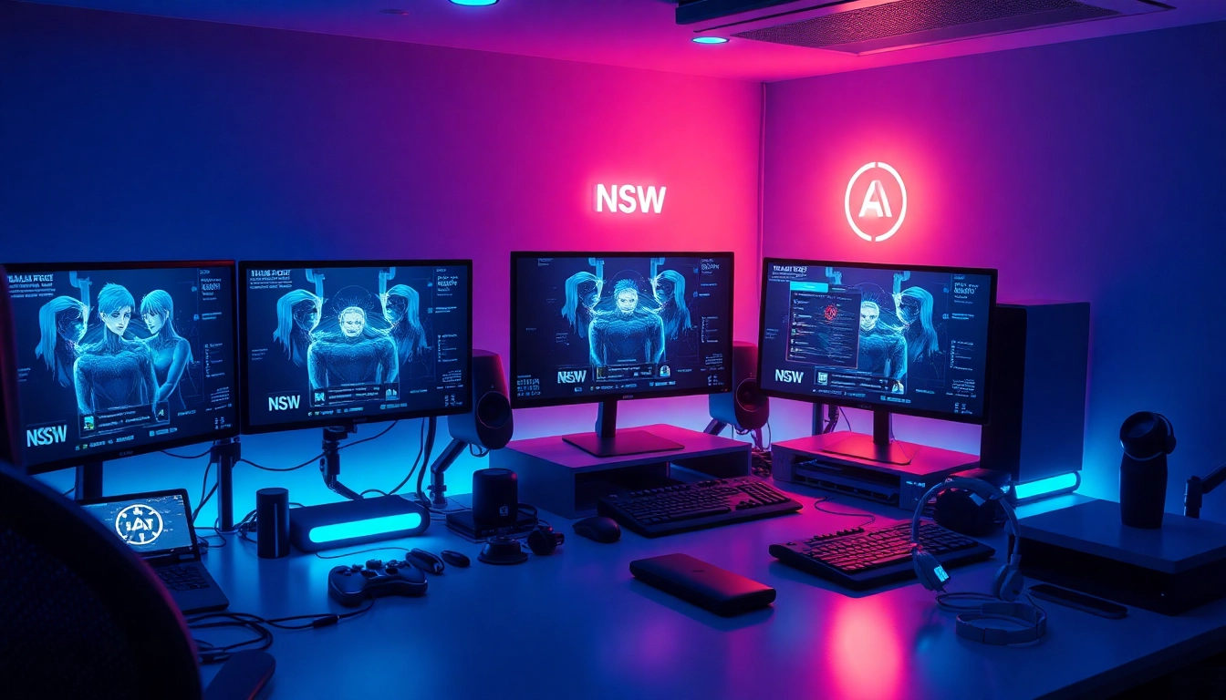 Immersive workspace showcasing NSFW character AI interactions on high-tech devices.