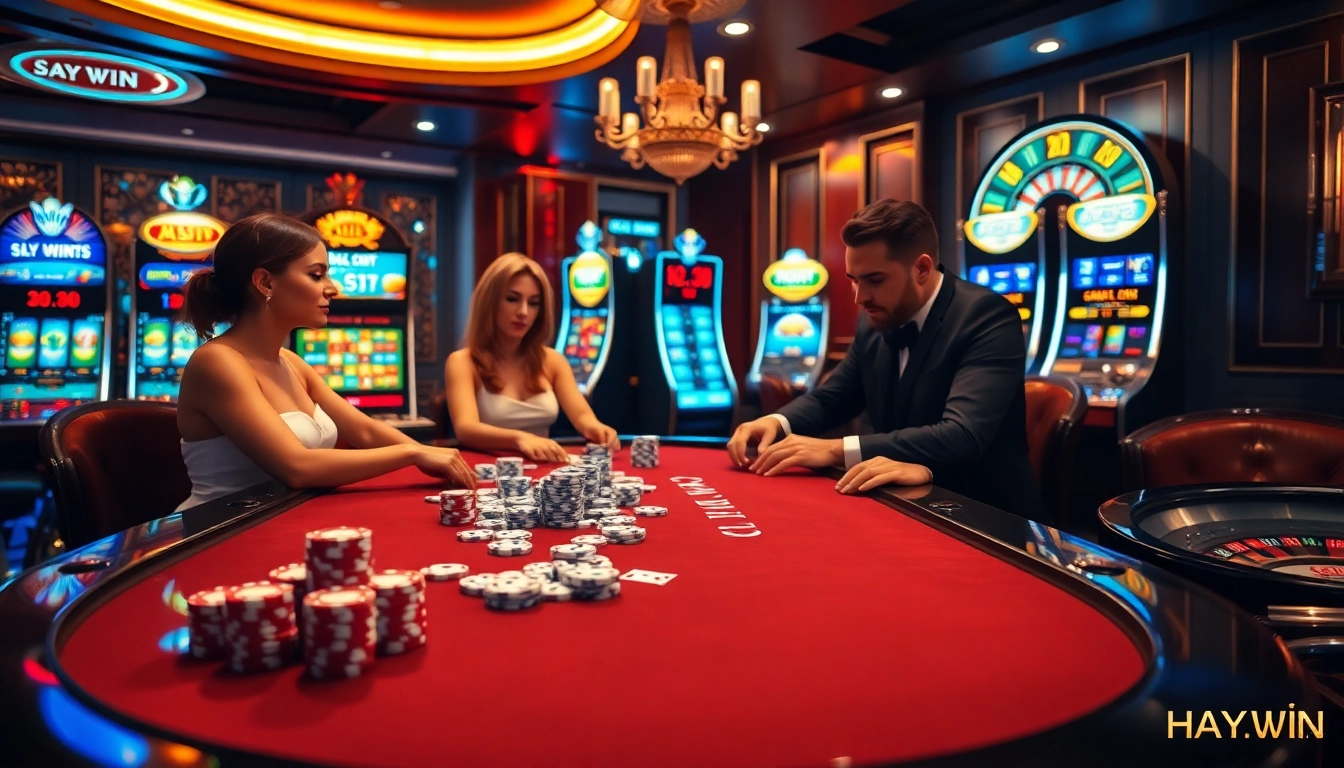 Experience the thrill of online gambling at hay.win with expertly arranged casino tables and engaging players.
