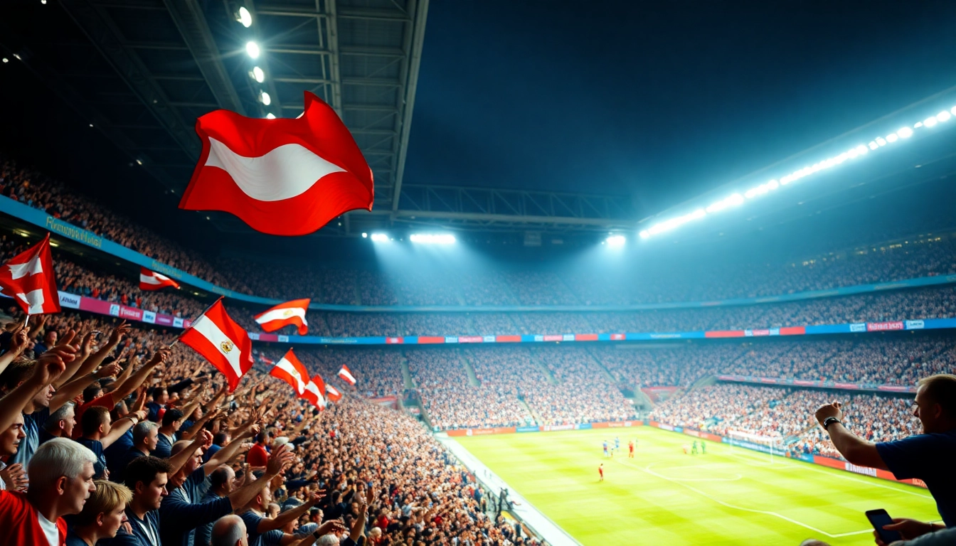 Cheering fans celebrating as ผลบอลยูฟ่าแชมป์เปียนลีก match heats up in a vibrant soccer stadium.