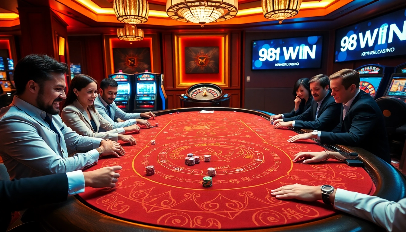 Experience the thrill of 98WIN with excited players at a vibrant casino poker table.