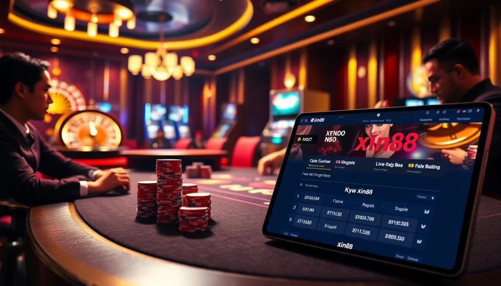 Experience the excitement of xin88 at a luxurious high-stakes poker table with vibrant casino elements.