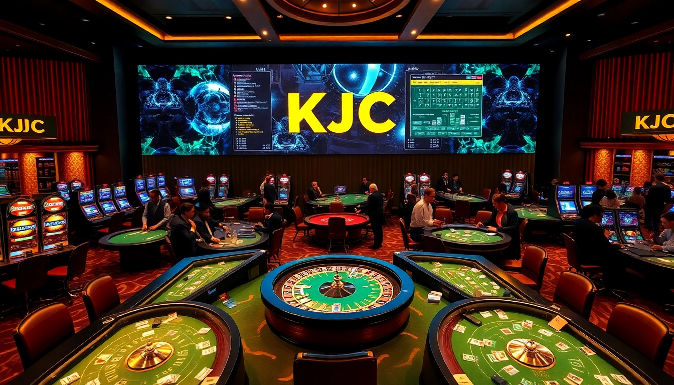 KJC branding enhances excitement at a vibrant casino scene filled with engaging players and modern gaming tables.