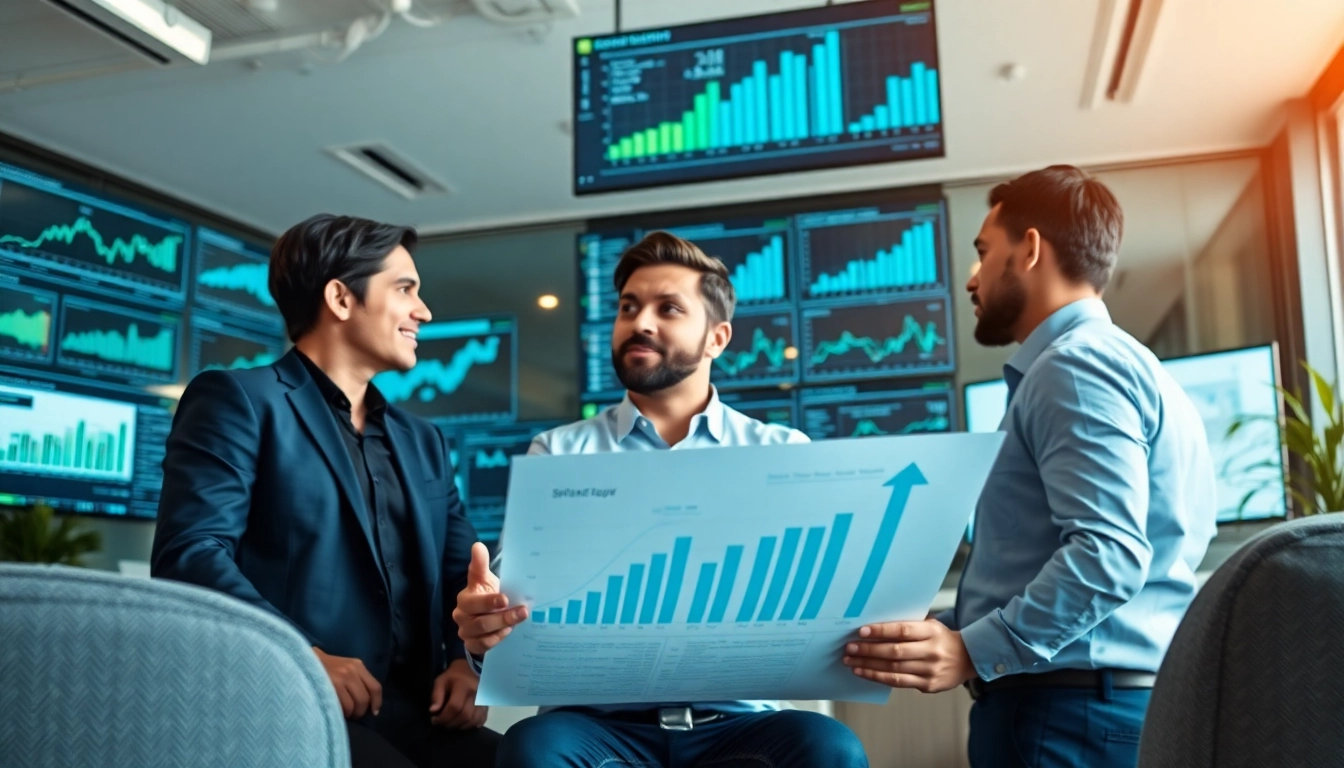 Analyzing growth strategy trends with business strategists in a modern office environment.