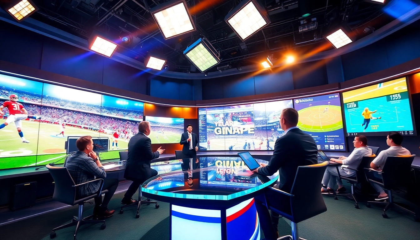 Dynamic sports broadcasting scene showcasing a professional host in an interactive studio