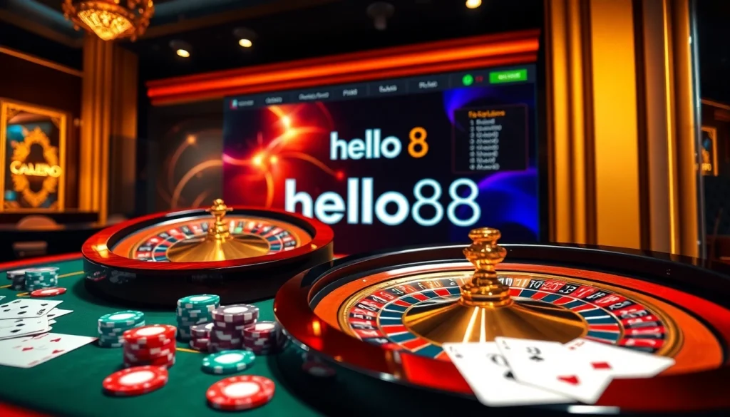 Hello88 casino scene with a roulette table, poker chips, and vibrant online gambling interface.