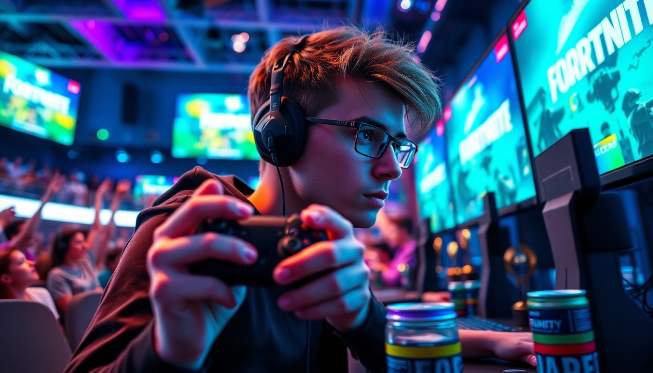 Gamer showcasing 1 ball fortnite strategy in an exciting esports arena.