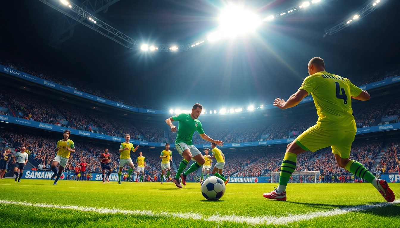 ผลบอลยูฟ่าแชมป์เปียนลีก วินาทีสำคัญที่นักเตะยิงประตูในสนามฟุตบอลที่เต็มไปด้วยแฟนบอล