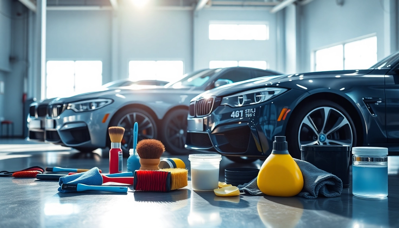 Expert auto detailing Cleveland TN showcasing pristine vehicles and essential tools in a bright setting.