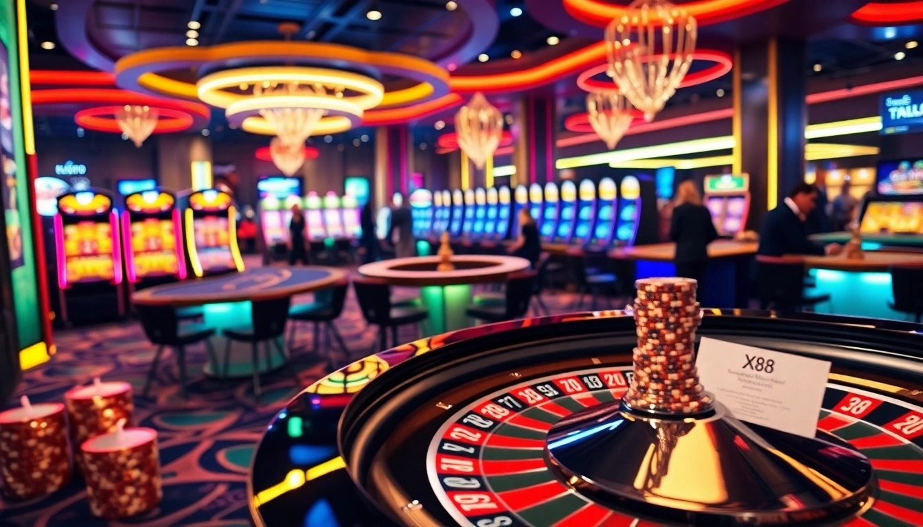 Experience the thrill of gambling at XX88 with vibrant casino tables and illuminated slot machines.