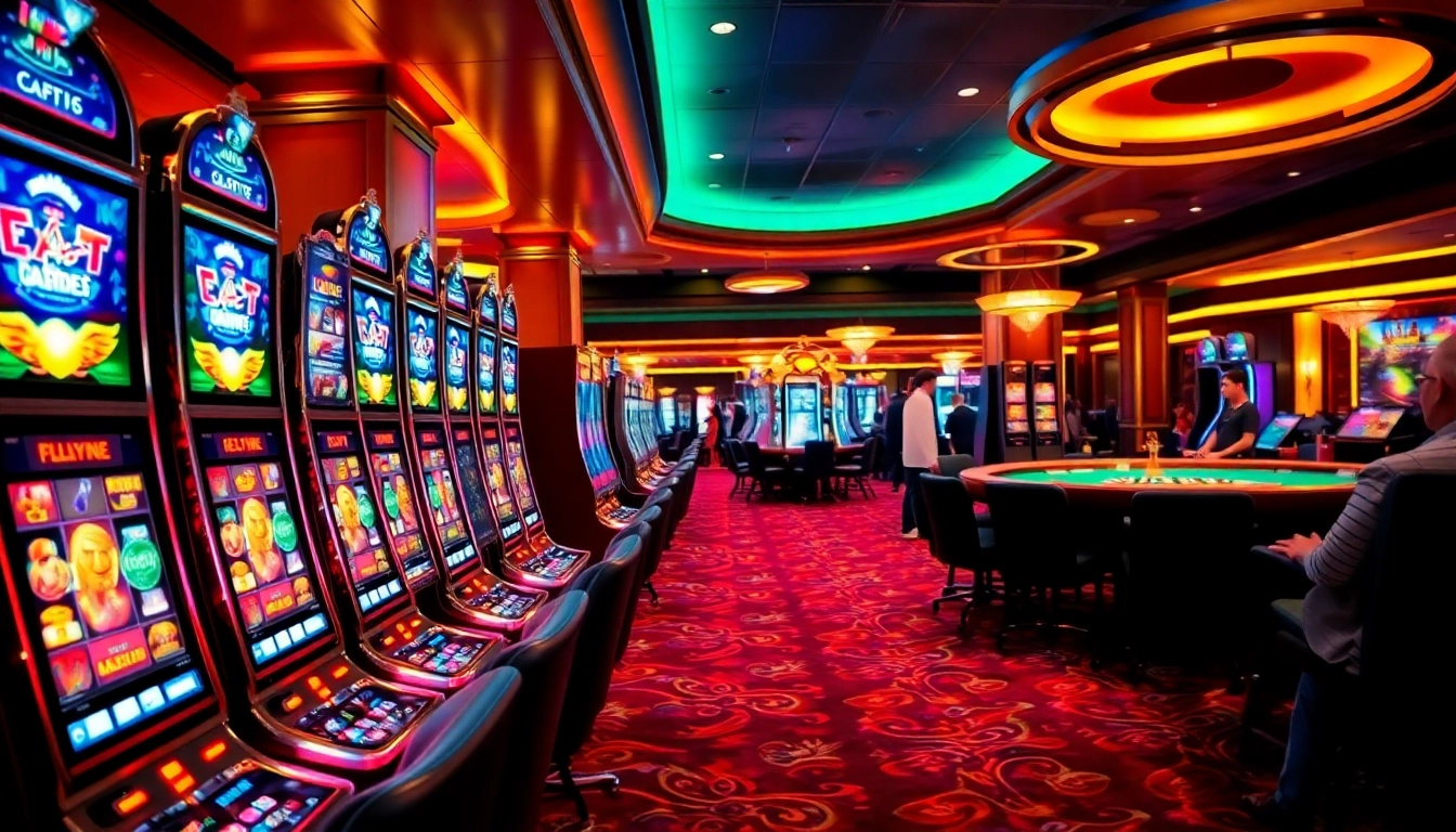 Players enjoying exciting idn slot games at a luxurious casino venue with vibrant slot machines.