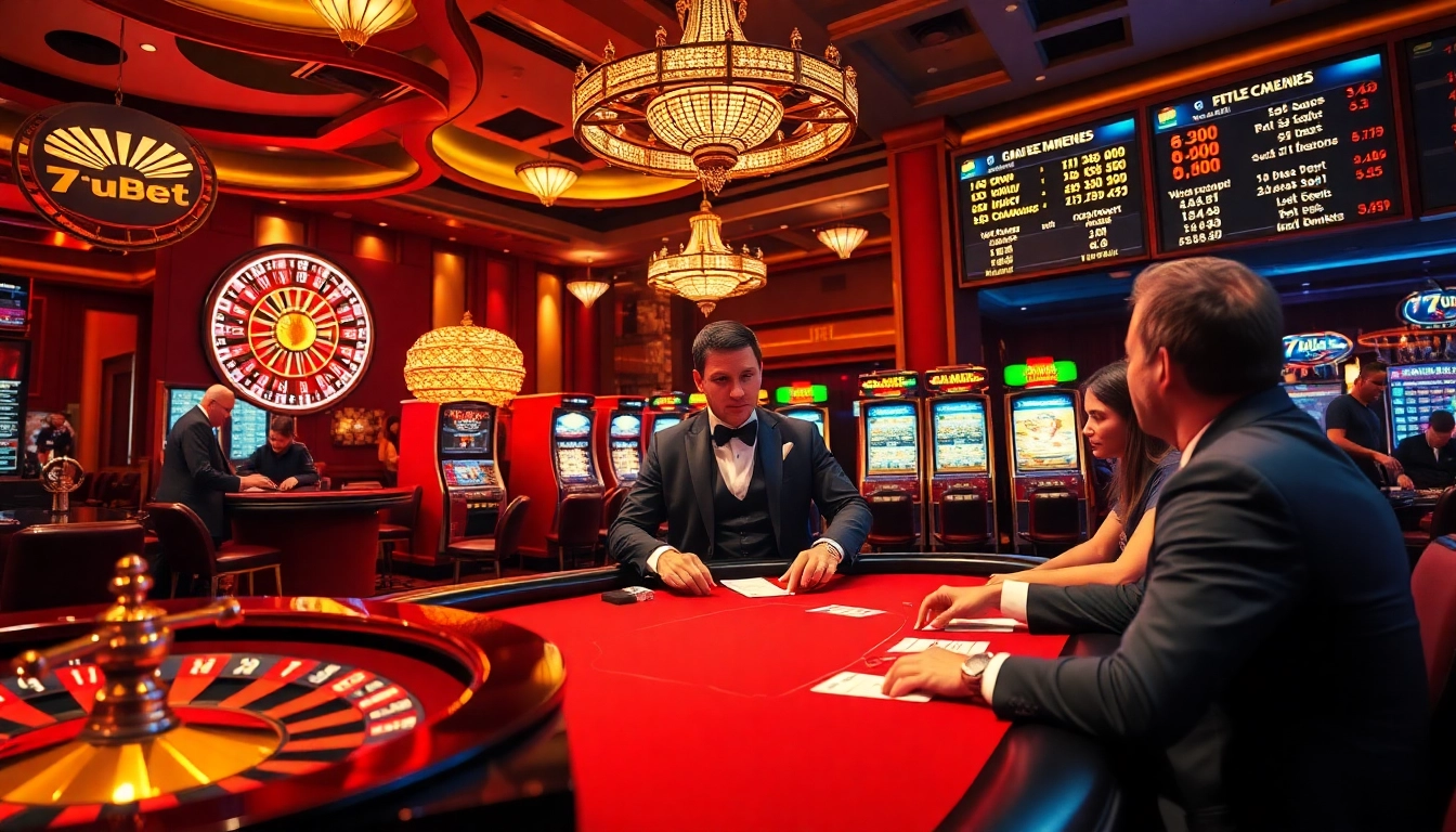 Players enjoying vibrant casino games at 7upbet with roulette wheels and slot machines