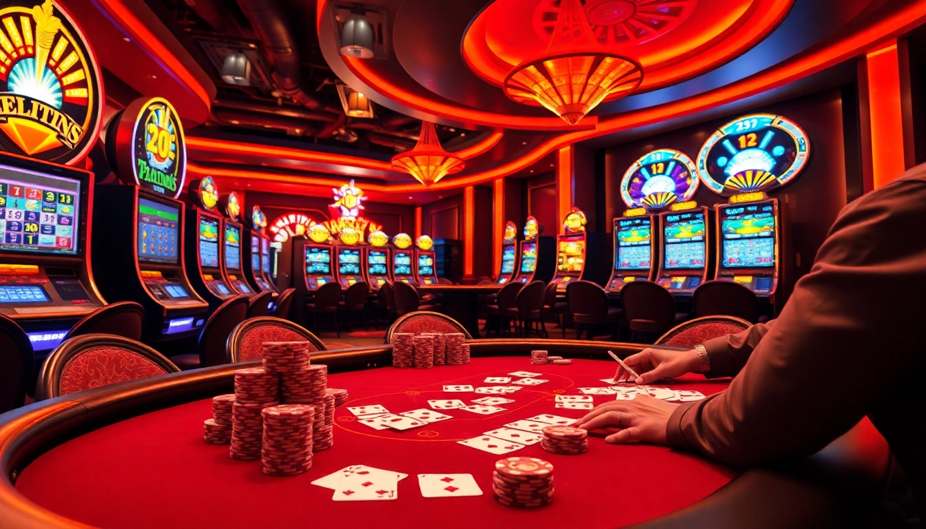 Engaging scene of players enjoying a poker game with depo 5k stakes amidst vibrant casino lights.