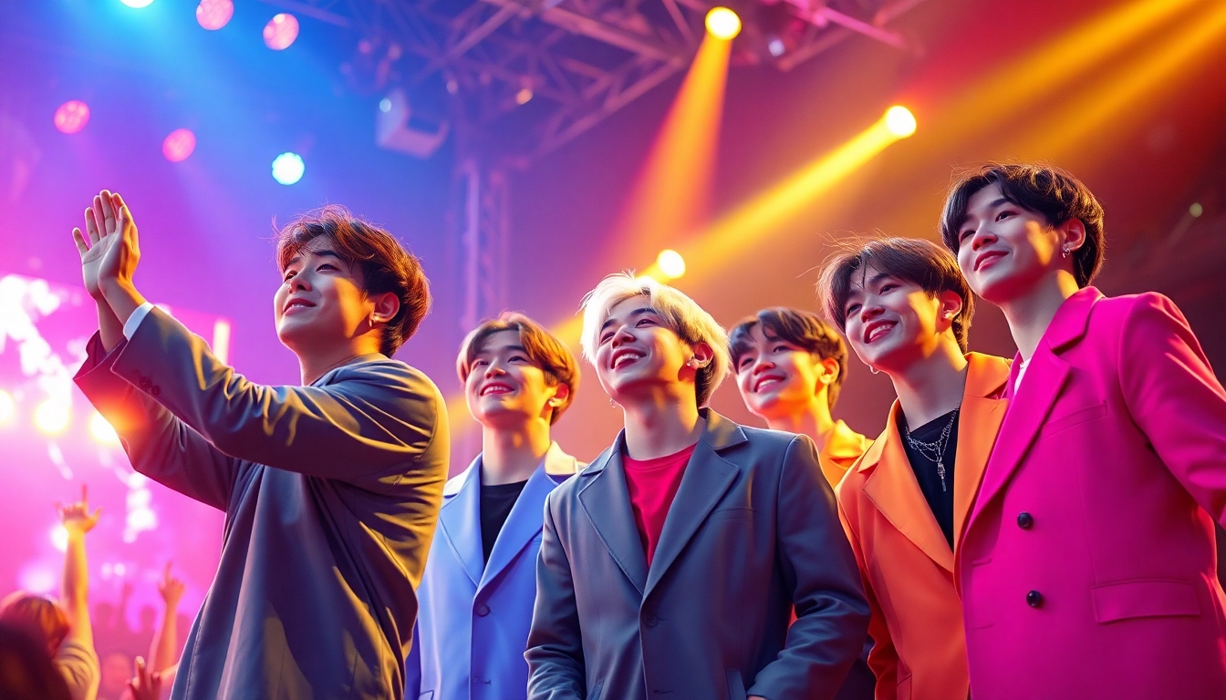 BTS news update showcasing a live performance with members engaging the audience energetically.