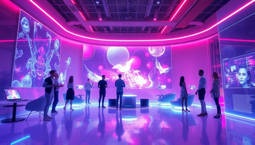 Futuristic lounge showcasing users interacting with AI companions in an NSFW AI digital landscape.