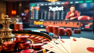 Engaging in a thrilling game at the 7upbet casino table featuring roulette and poker cards.