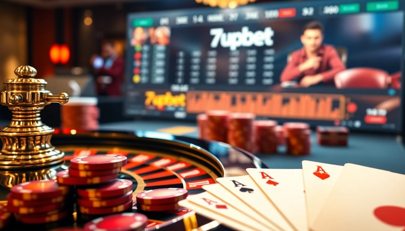 Engaging in a thrilling game at the 7upbet casino table featuring roulette and poker cards.