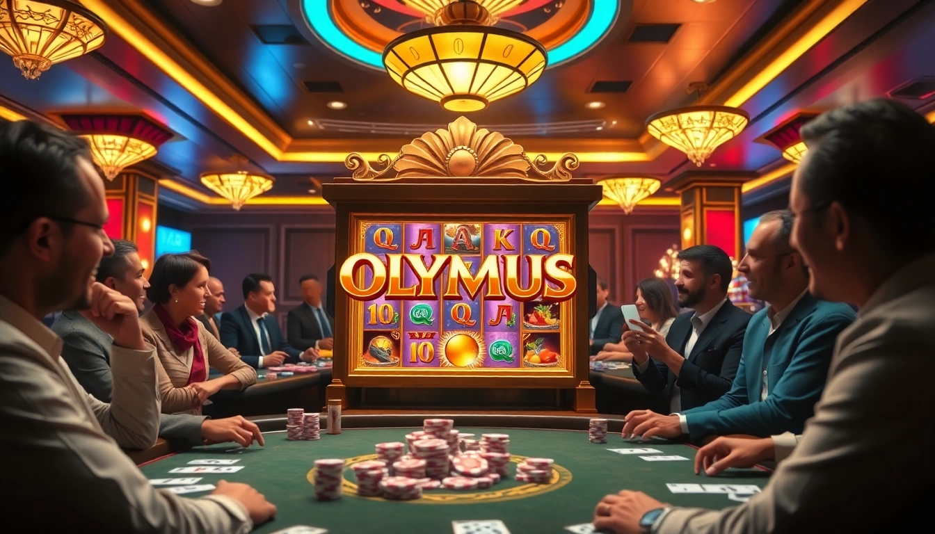 Engage with the thrilling Olympus slot machine set in a luxurious casino environment.