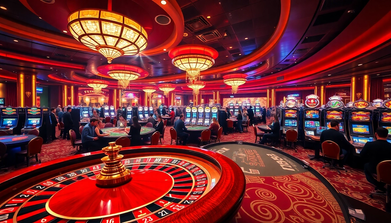 Exciting gaming atmosphere at RR88 with casino tables, slot machines, and vibrant players.