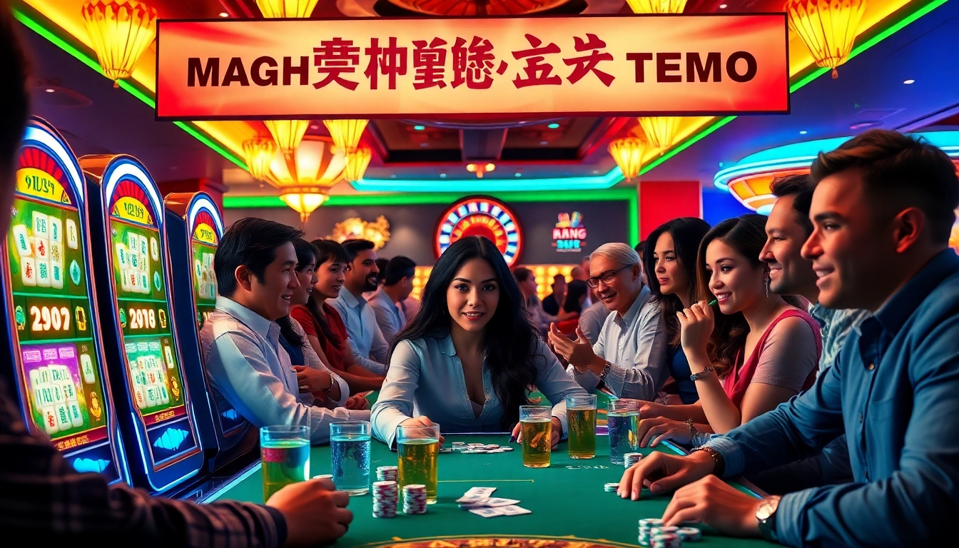 Experience the mahjong slot demo in a vibrant casino environment filled with excited players and colorful machines.