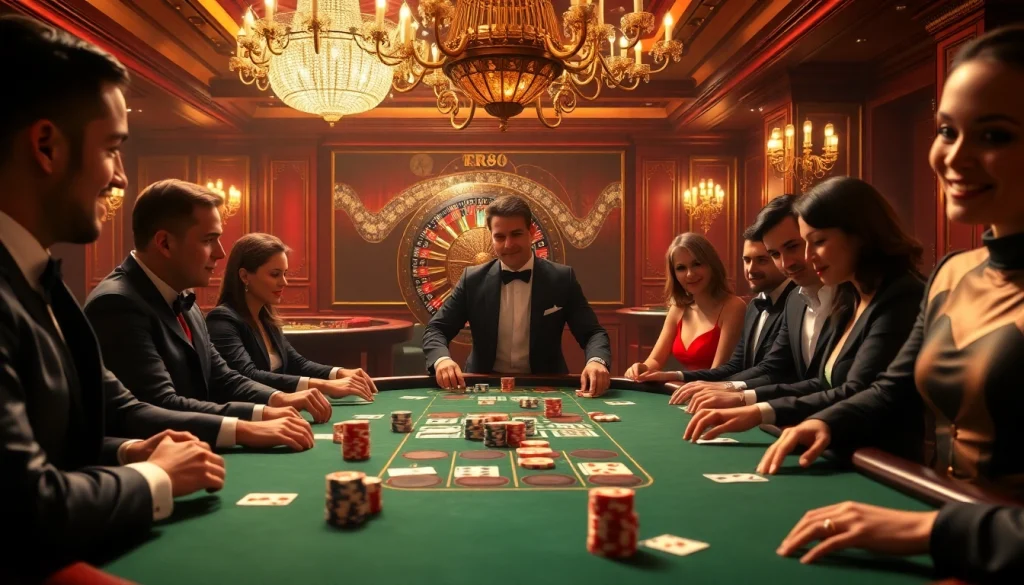 Players engaging in an exciting game at RR88's luxurious poker table, showcasing strategic gambling.