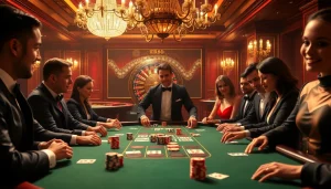 Players engaging in an exciting game at RR88's luxurious poker table, showcasing strategic gambling.