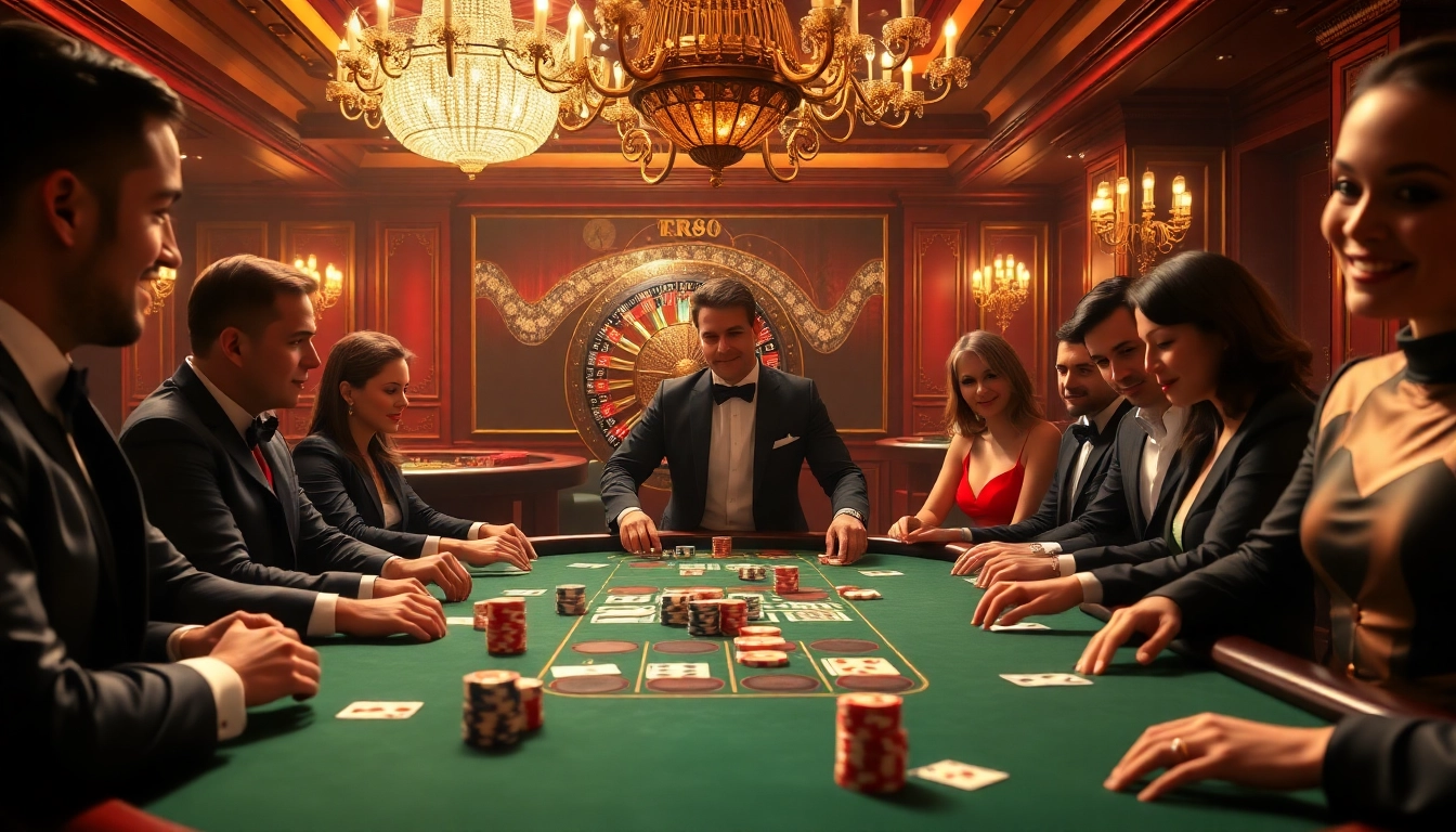 Players engaging in an exciting game at RR88's luxurious poker table, showcasing strategic gambling.