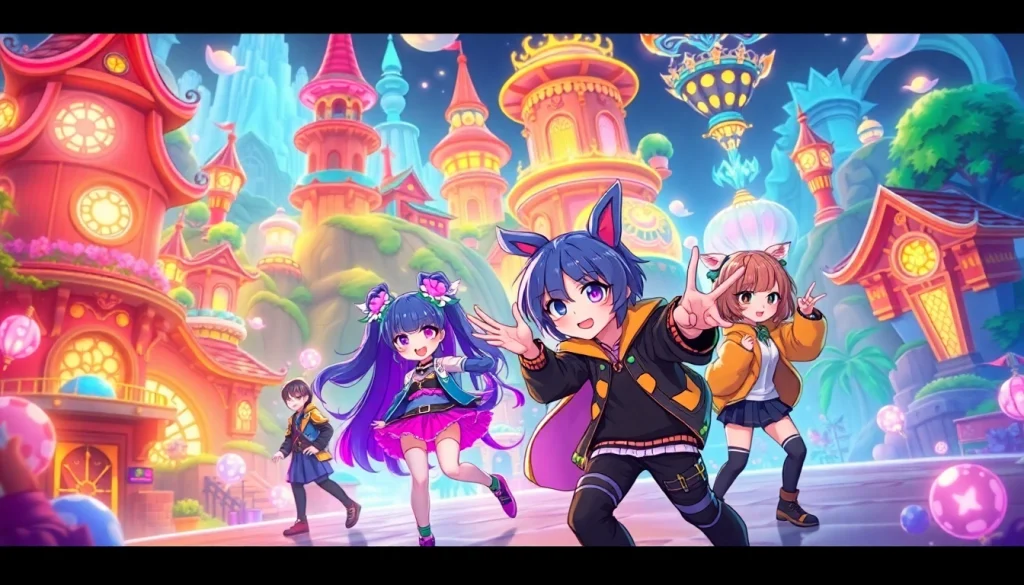 Dynamic scene of characters from a hentai game in a vibrant digital landscape.