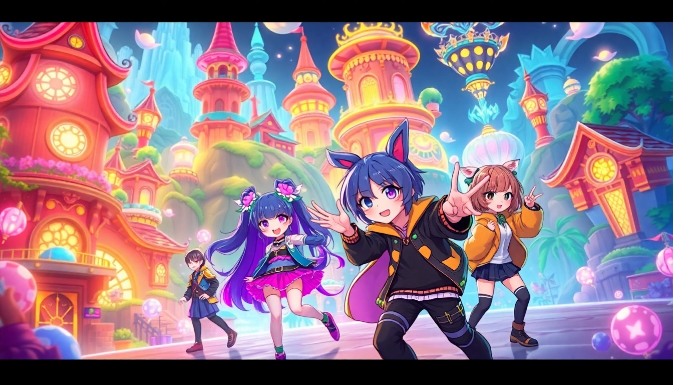 Dynamic scene of characters from a hentai game in a vibrant digital landscape.