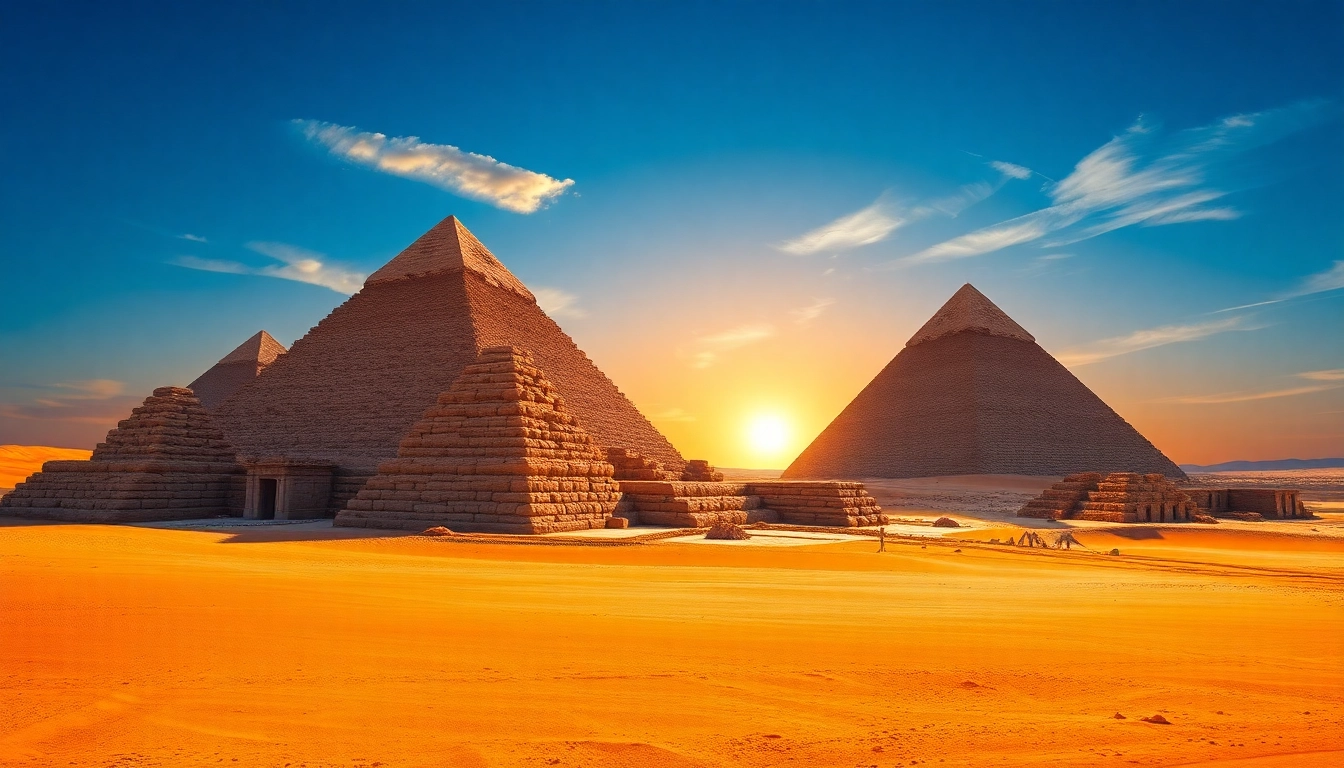 Pyraminds illuminated by sunset against a clear sky, showcasing their majestic structure.
