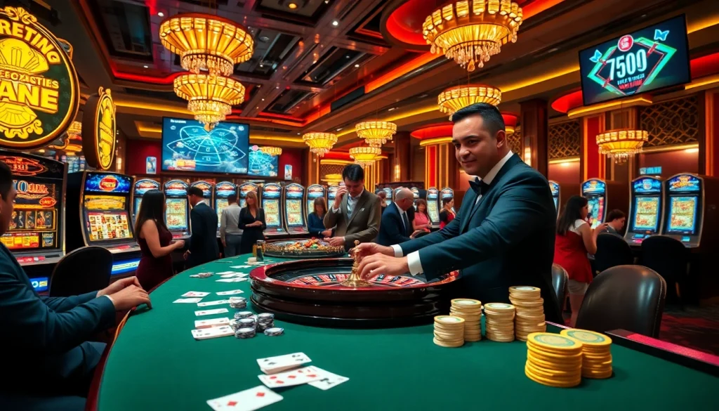 Exciting gambling scene showcasing trang cá cược vua99 with players at a roulette table, chips, and cards.