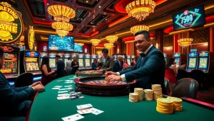 Exciting gambling scene showcasing trang cá cược vua99 with players at a roulette table, chips, and cards.