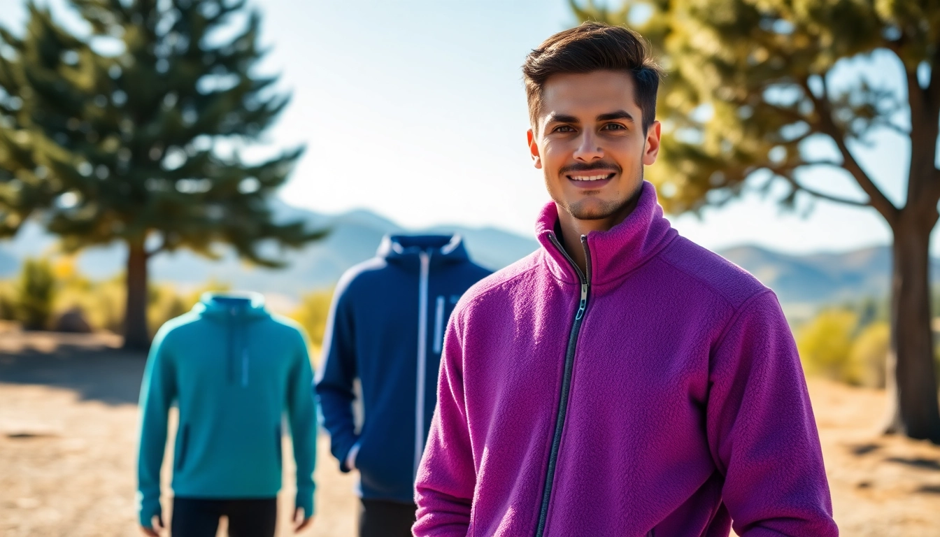 Fleece kleding gepresenteerd in een frisse natuurlijke omgeving met een model in een kleurrijke fleecejas.
