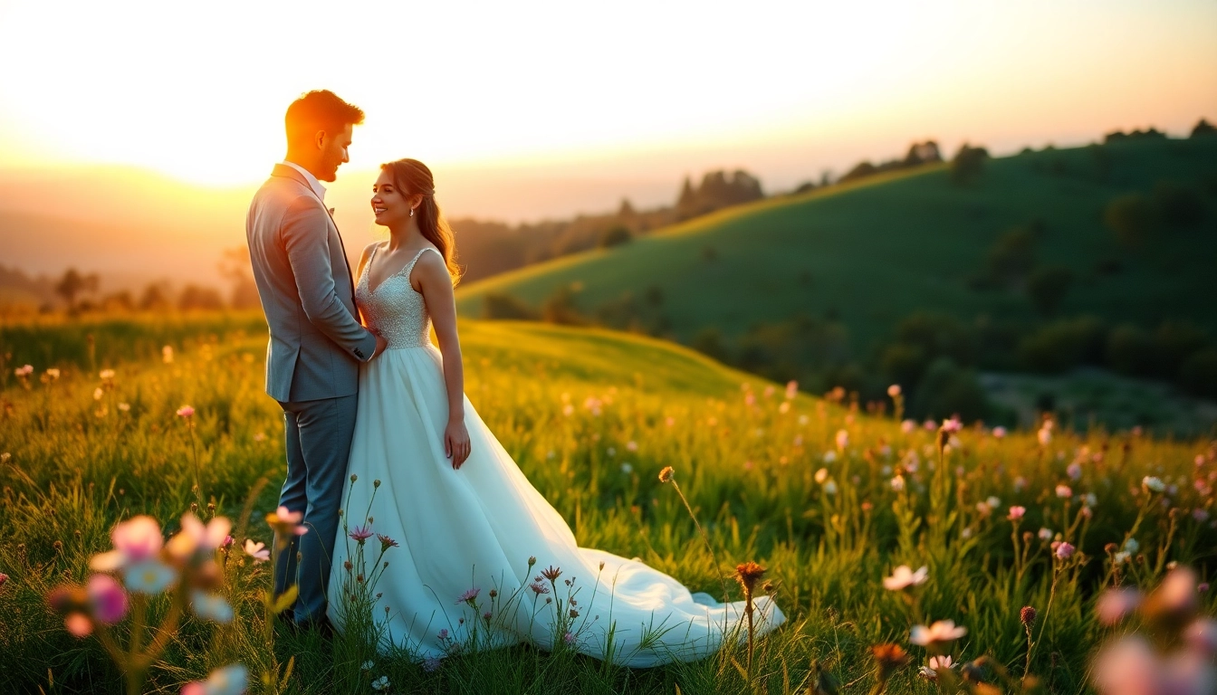 Captivating wedding photography featuring a couple against a blooming sunset hillside.