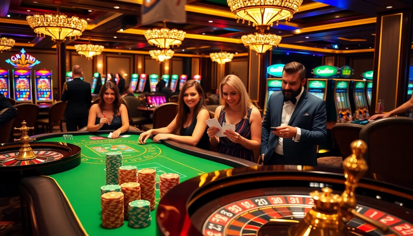 Un moment palpitant dans un casino en ligne français avec des joueurs aux tables de roulette et de poker, montrant excitation et stratégie.