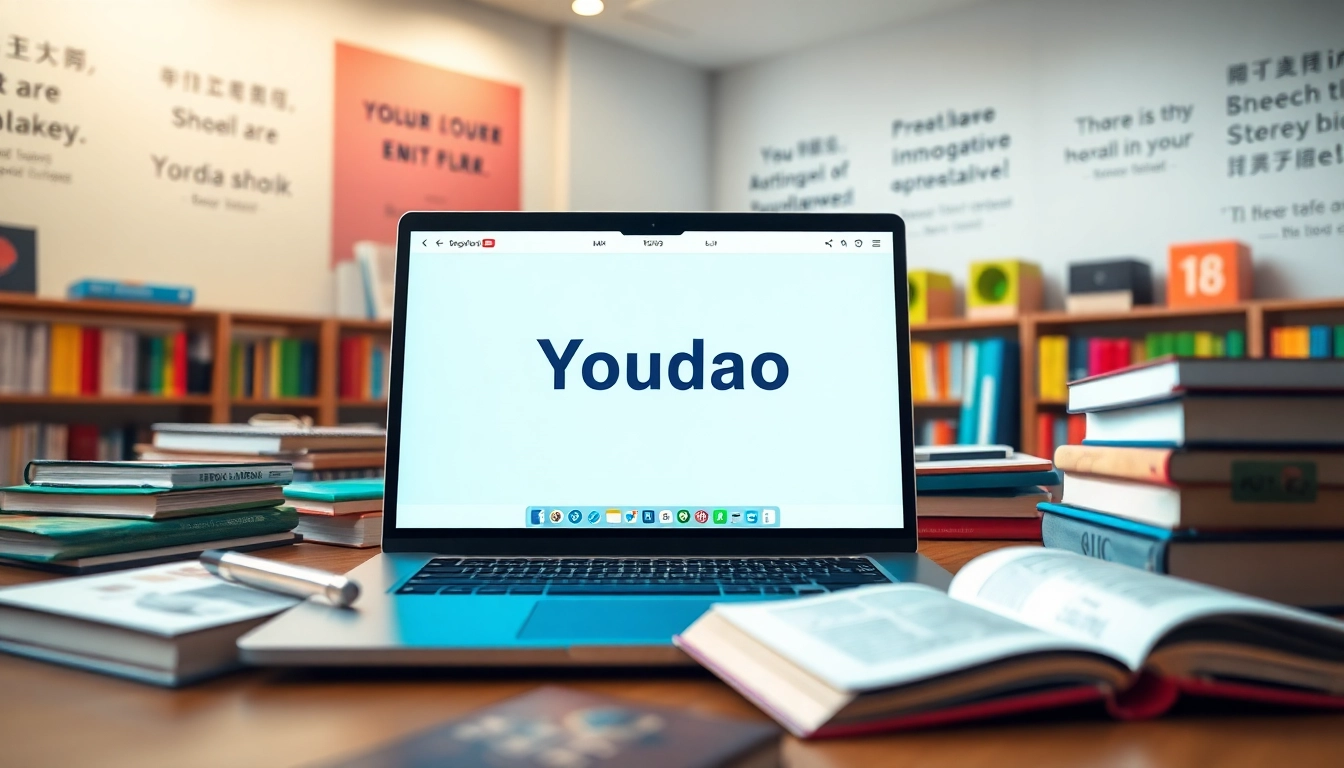 Youdao translation interface displayed on a laptop in a modern digital learning environment with educational materials.