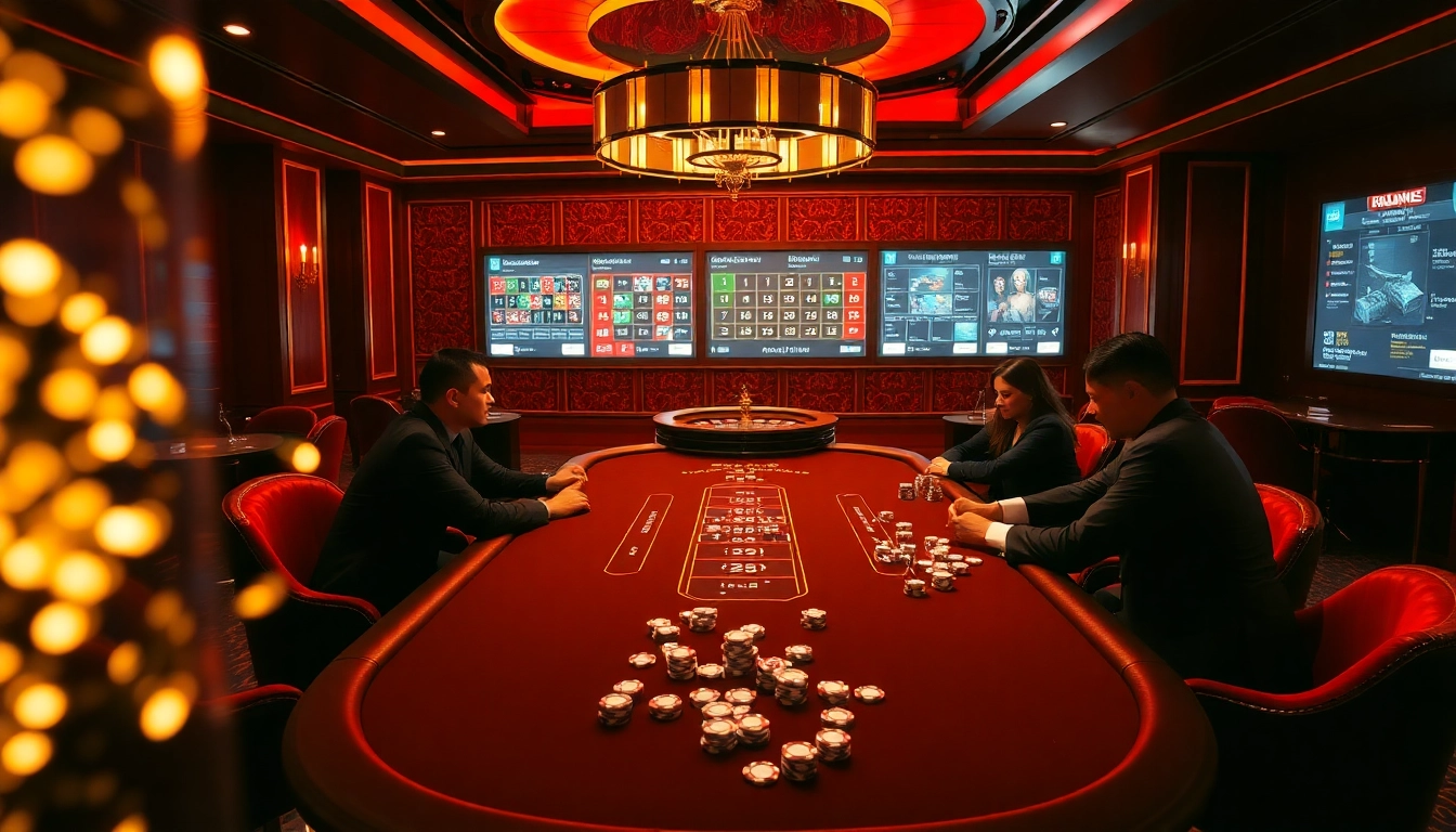 Une scène de poker à enjeux élevés palpitante dans un casino en ligne français luxueux avec des joueurs et des croupiers élégants.