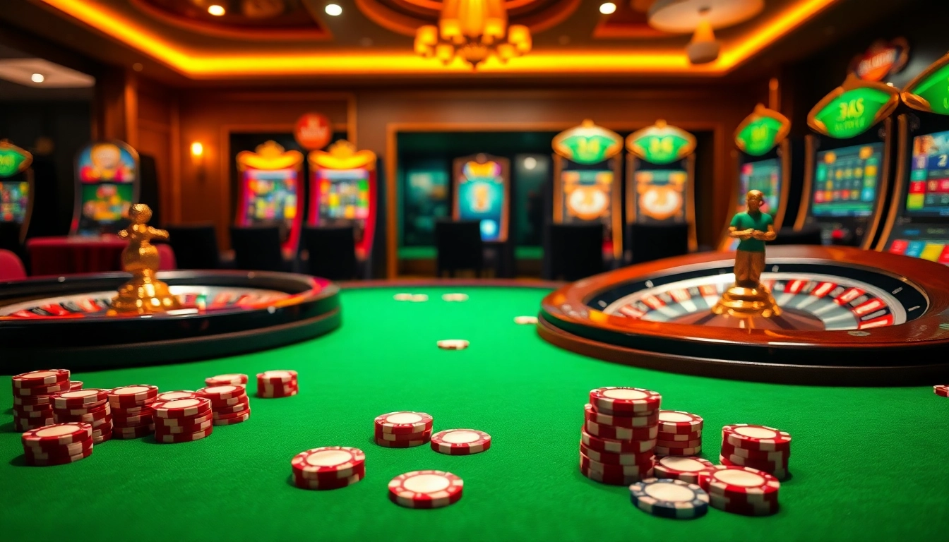 Scène captivante d'un élégant casino en ligne français avec des tables vibrantes, des machines à sous lumineuses et des jetons colorés.