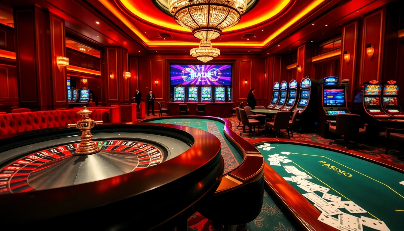 Des joueurs engagés profitant des jeux dans un casino fiable en ligne de premier plan, avec des tables de roulette et de poker.