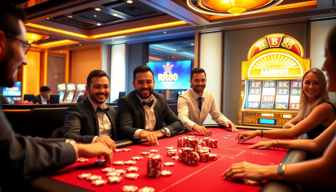 RR88 players enjoying an engaging poker game experience in a vibrant casino atmosphere