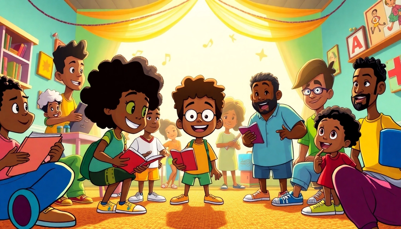 A lively scene of iconic African American cartoon characters celebrating diversity and creativity.