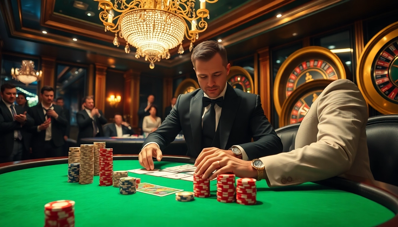 Scène intense de jeu de poker dans un luxueux casino en ligne argent réel, mettant en avant des jetons et un croupier en action.